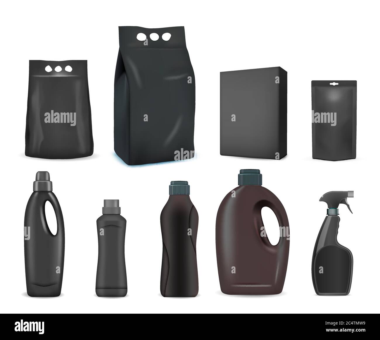 Black detergent pack mockup set, vector isolated illustration Stock Vector