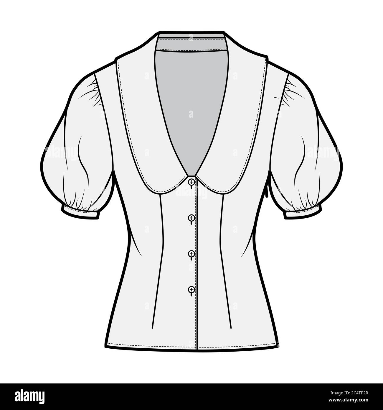 Blouse technical fashion illustration with collar framing the plunging V neck, oversized medium puffed sleeves, fitted body. Flat apparel template front grey color. Women men unisex CAD garment mockup Stock Vector