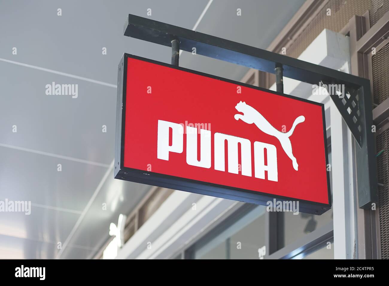Samut Prakan, Thailand - June 13, 2020: Logo of Puma in Central Village, Samut Prakan, Thailand. The German multinational corporation that designs and Stock Photo