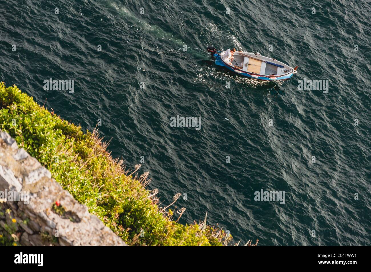 High angle shot of a sailing blue boat next to the greenery Stock Photo ...
