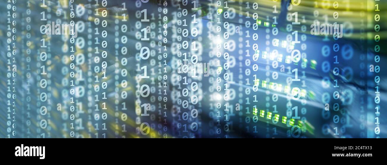 Matrix Futuristic theme multiple exposure binary numbers. Data center Website Banner Stock Photo