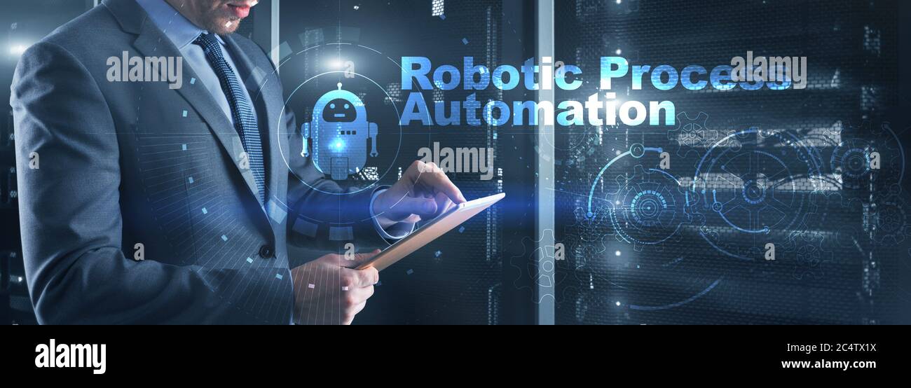 RPA Robotic Process Automation. Technology concept on virtual screen. Ai algorithm analyze Business. Stock Photo
