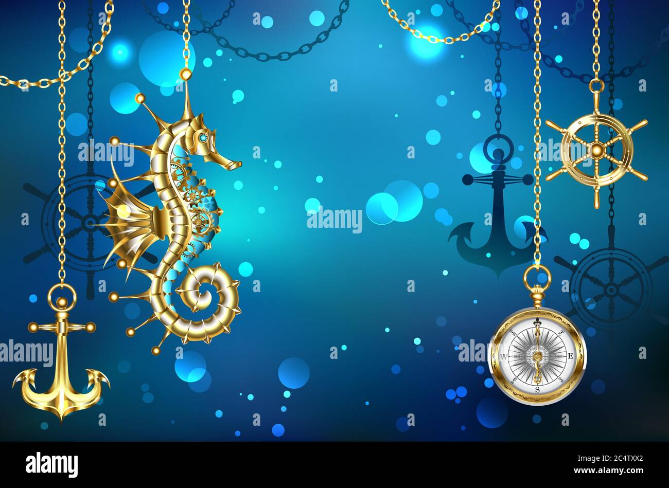 Jewelry, antique, mechanical seahorse on marine, underwater background with gold anchor and helm hanging on metal chains. Stock Vector