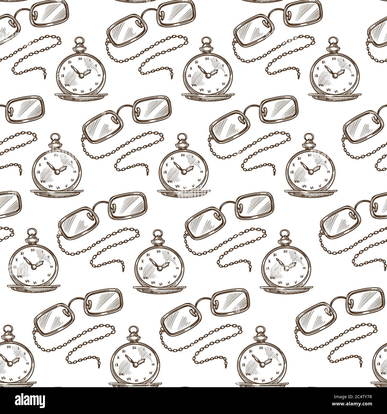 Vintage clock and glasses with chain, monochrome seamless pattern Stock Vector