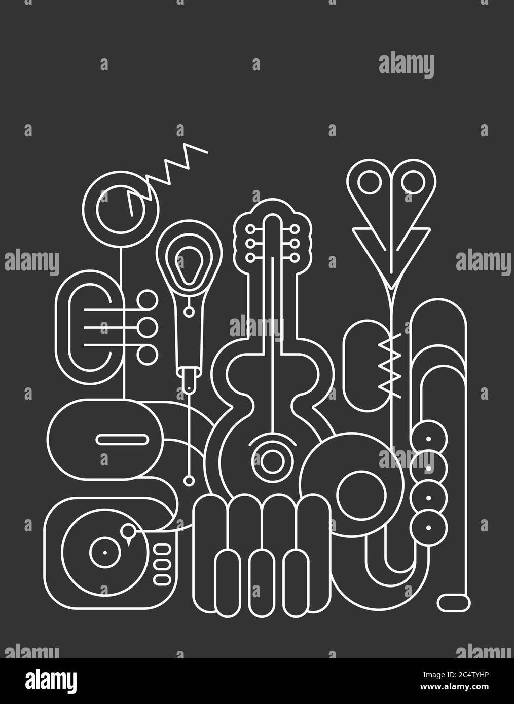White line art silhouettes isolated on a dark grey background Music Instruments Design vector illustration. Guitar, saxophone, piano keyboard, trumpet Stock Vector