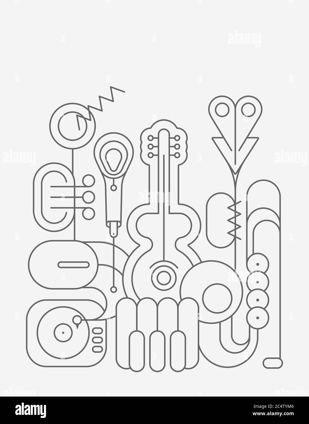 Dark grey line art silhouettes isolated on a light background Music Instruments Design vector illustration. Guitar, saxophone, piano keyboard, trumpet Stock Vector