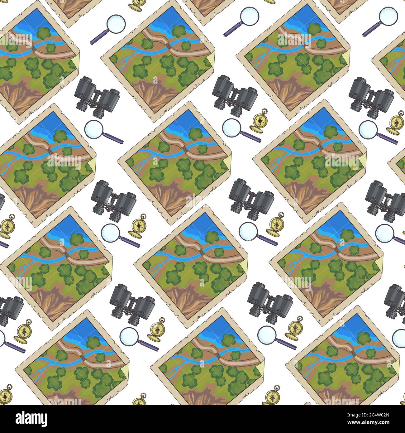 Map with binoculars and magnifying glass, travel seamless pattern Stock Vector