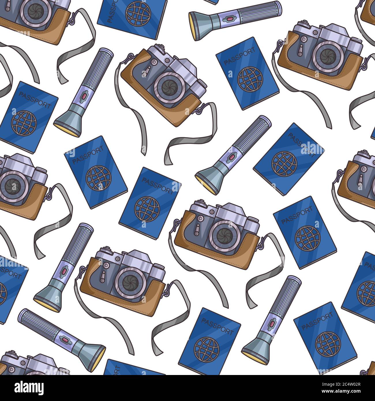 Passport and camera with flashlight traveling seamless pattern Stock Vector