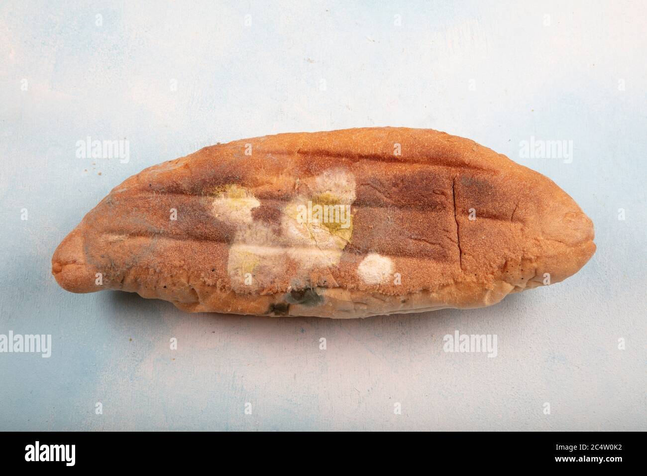 Macrophotography of green mildew on a stale bread. Surface of moldy bread. Spoiled bread with mold. Moldy fungus on rotten bread. Top view. Stock Photo