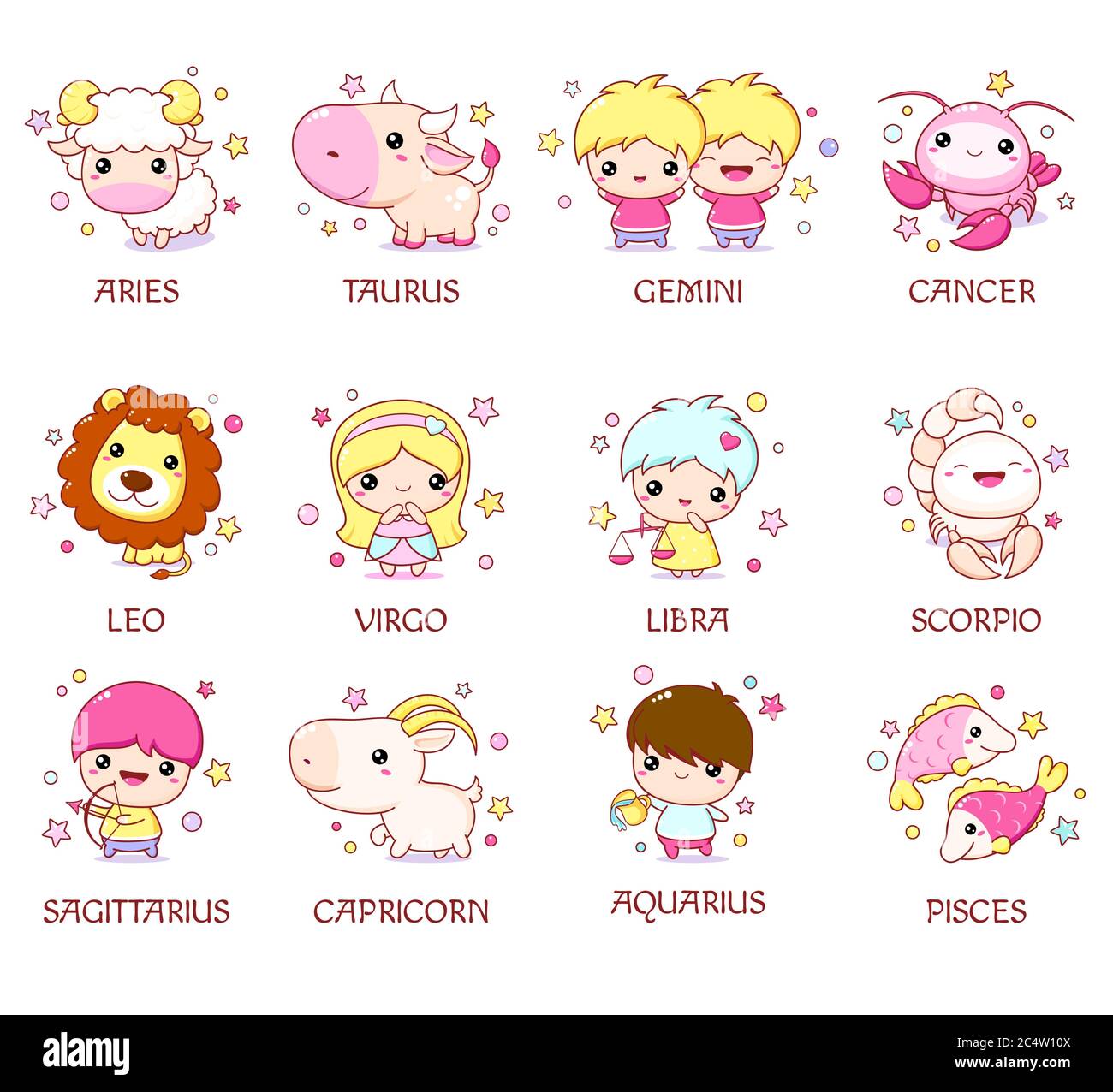 Set of zodiac sign characters in kawaii style. Cute chibi baby and animal.  Aquarius, pisces, aries, leo, gemini, taurus, scorpio, sagittarius, libra  Stock Vector Image & Art - Alamy