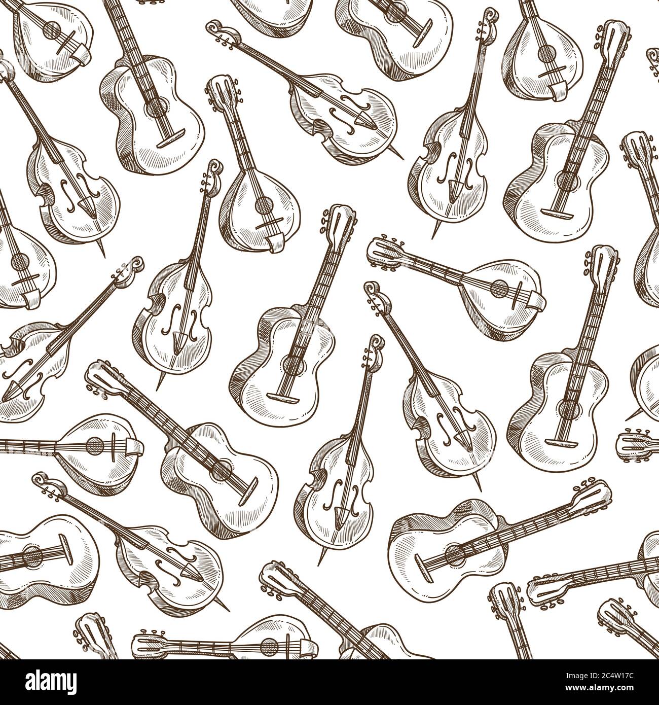 Acoustic guitar and violin, string musical instruments seamless pattern