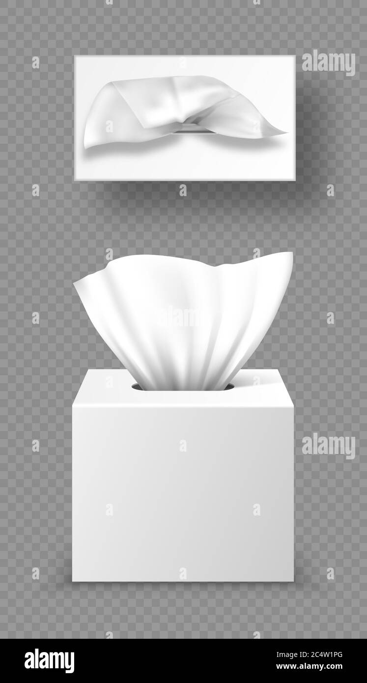 Paper napkin box mockup, top front view open blank packages with tissue wipes. Hygiene accessories, white carton packages isolated on grey background, realistic 3d vector illustration, mock up Stock Vector