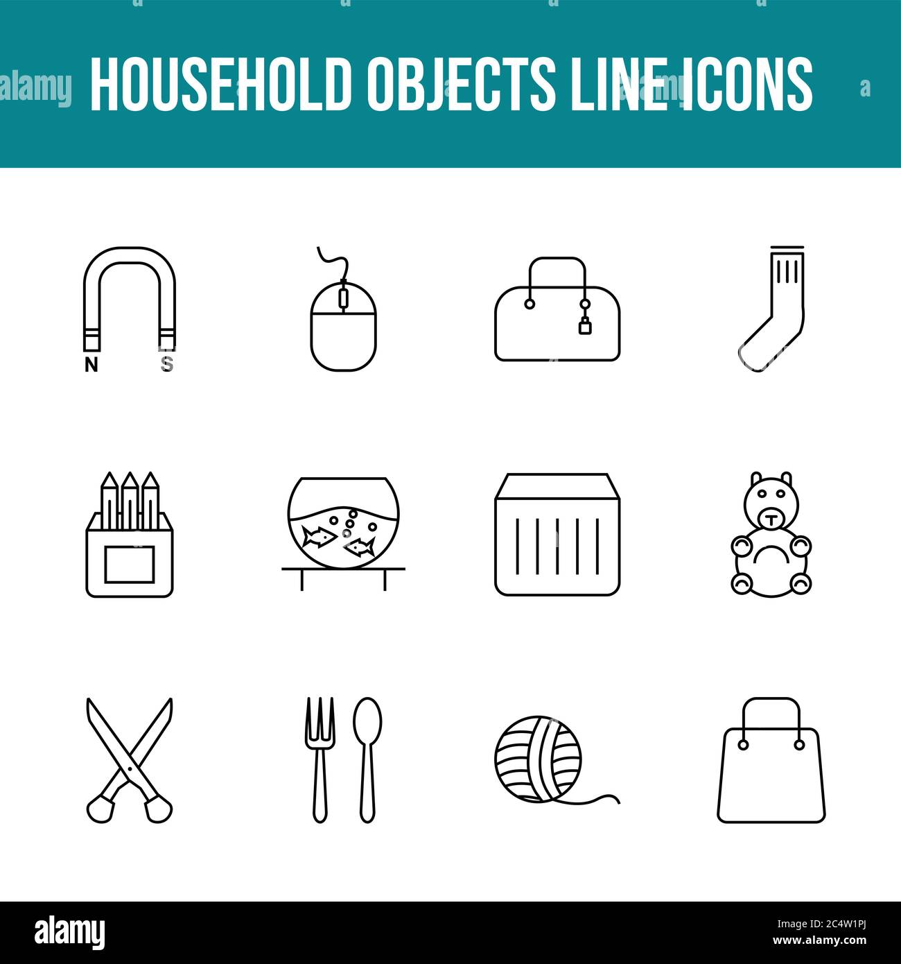 Unique household objects vector line icon set Stock Vector
