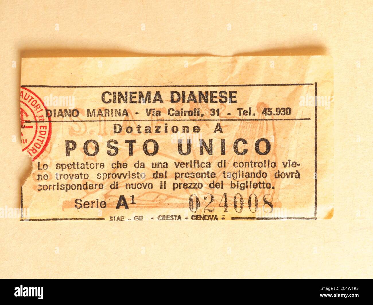 TURIN, ITALY - CIRCA JUNE 2020: Vintage Italian cinema ticket Stock