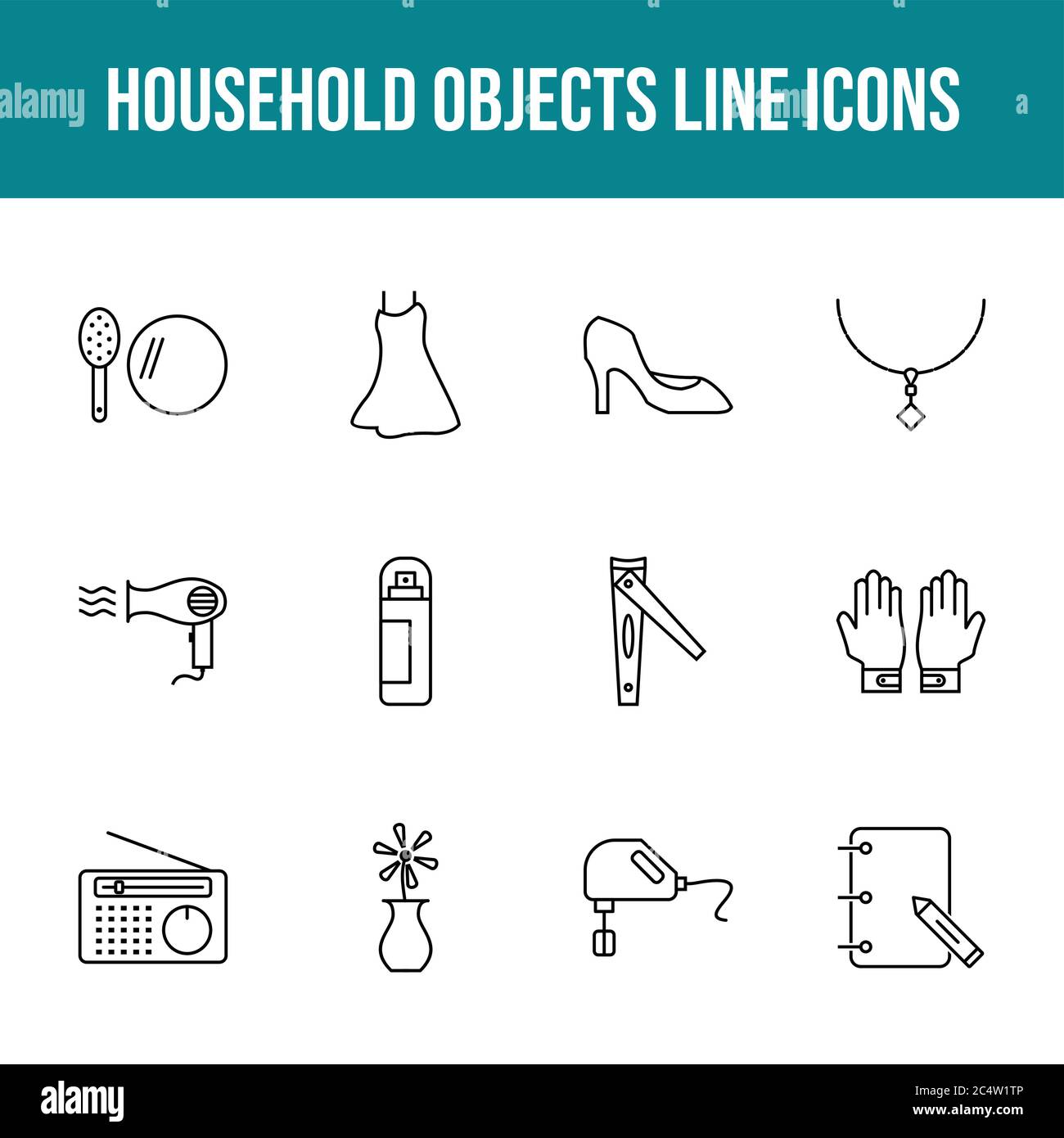 Unique household objects vector line icon set Stock Vector