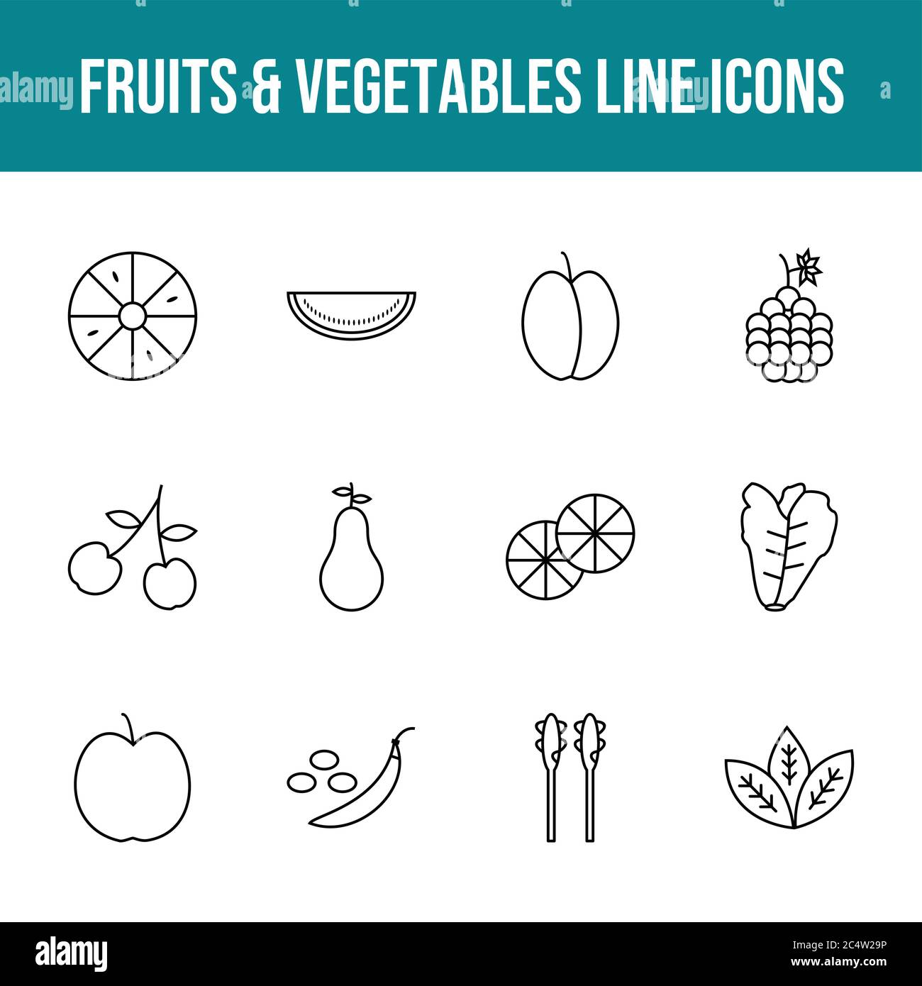 Unique fruits & vegetables vector line icon set Stock Vector Image ...