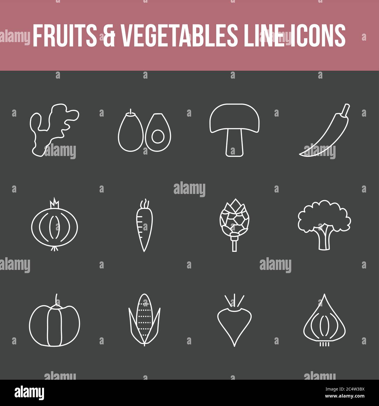 Unique fruits & vegetables vector line icon set Stock Vector Image ...