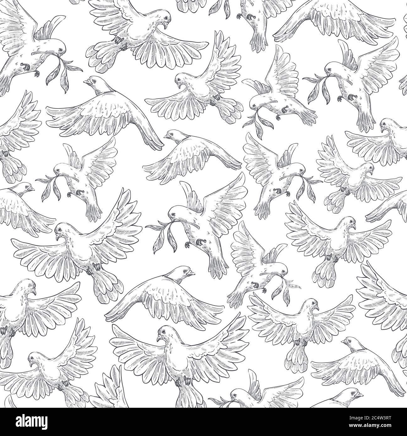 Flying pigeons carrying branches colorless seamless pattern vector Stock Vector