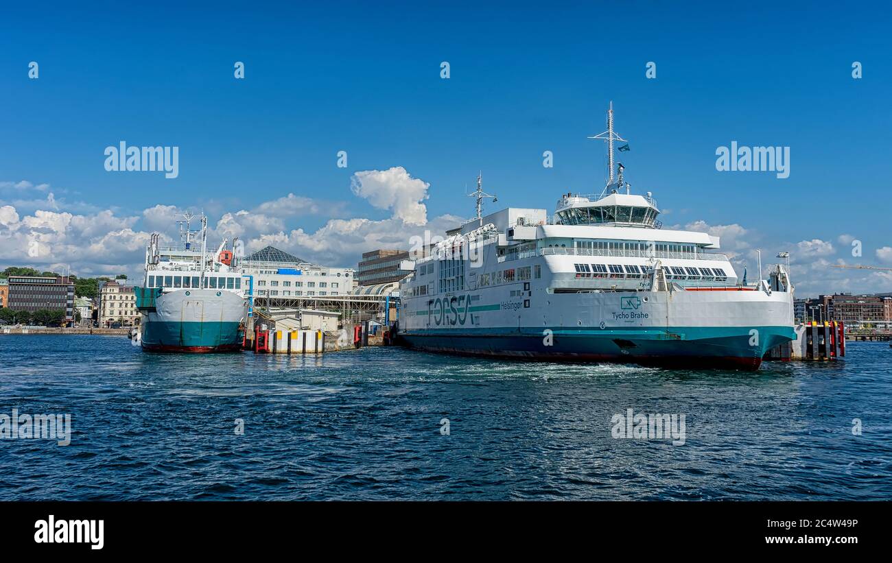 HELSINGBORG, SWEDEN - JUNE 27, 2020: Tycho Brahe the battery powered passanger and freight ferry sails into Helsingborg harbour in Sweden. Stock Photo
