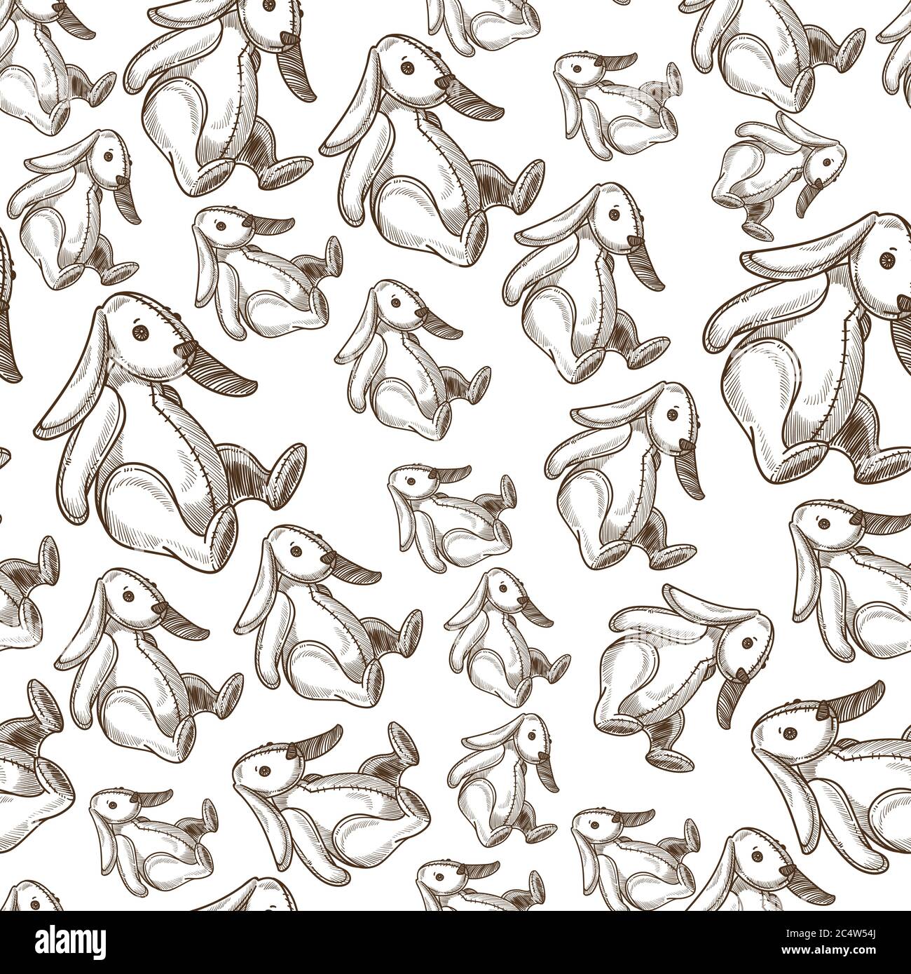 Plush rabbit with long ears, stuffed toy seamless pattern Stock Vector