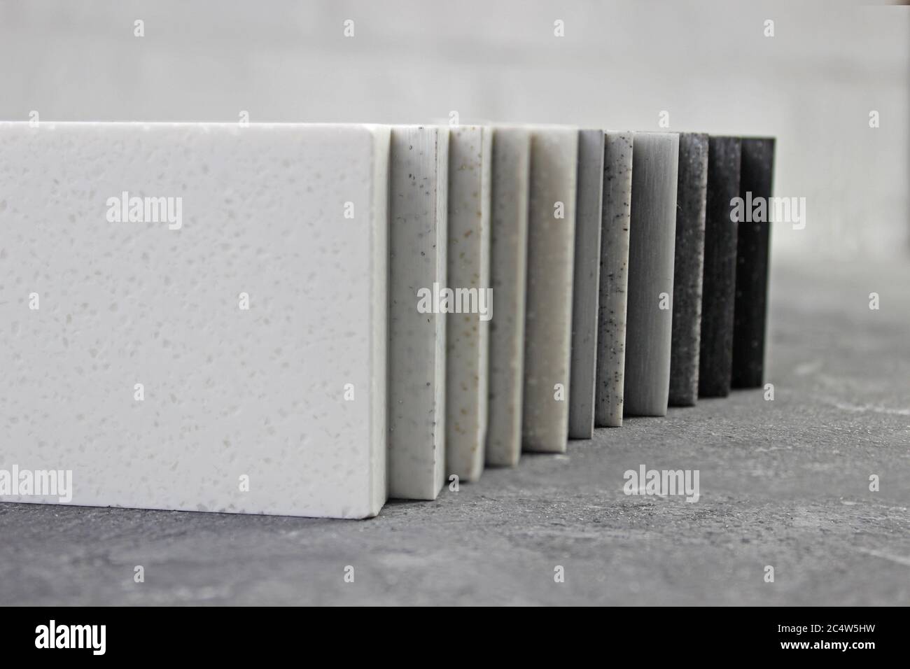 Luxury marble natural stone slabs for kitchen countertops and floor tiles. Samples of stone for countertops. Stock Photo