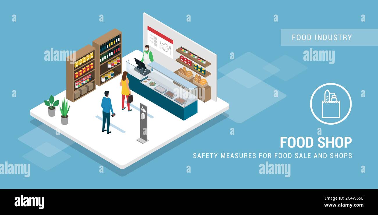 Safety measures at the food shop during coronavirus epidemic, food and retail safety concept Stock Vector