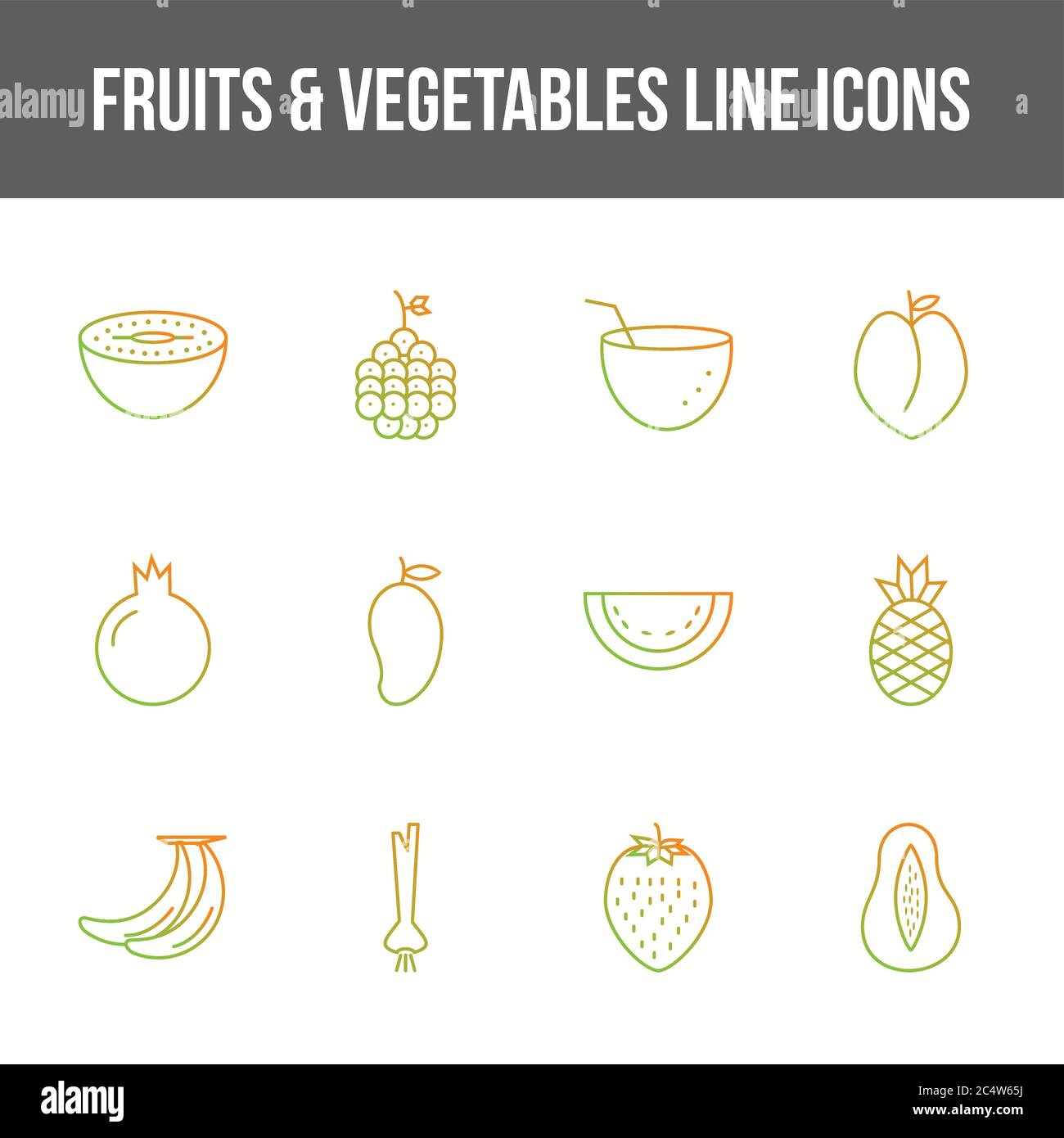 Unique fruits & vegetables vector line icon set Stock Vector Image ...