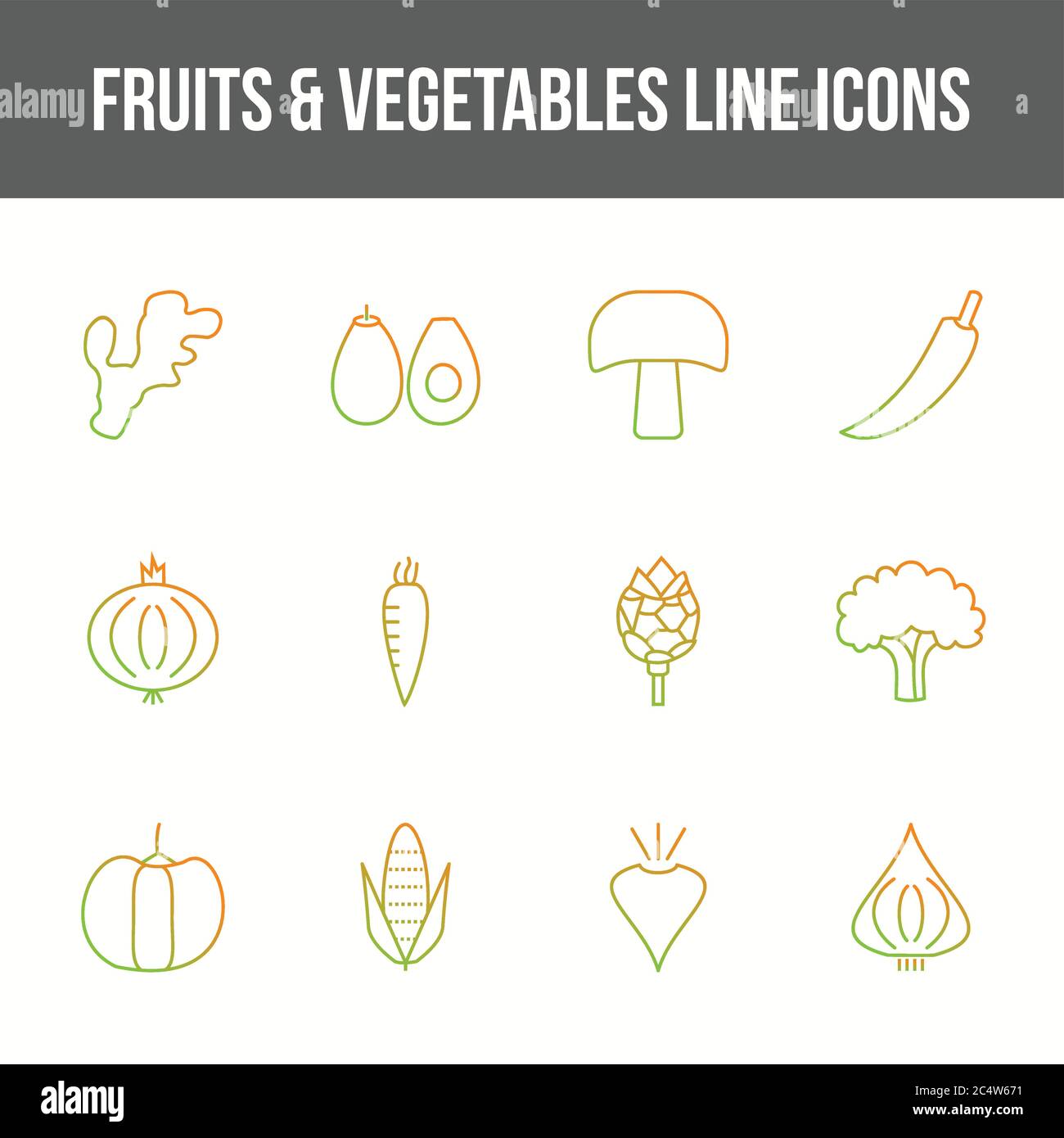 Unique fruits & vegetables vector line icon set Stock Vector Image ...