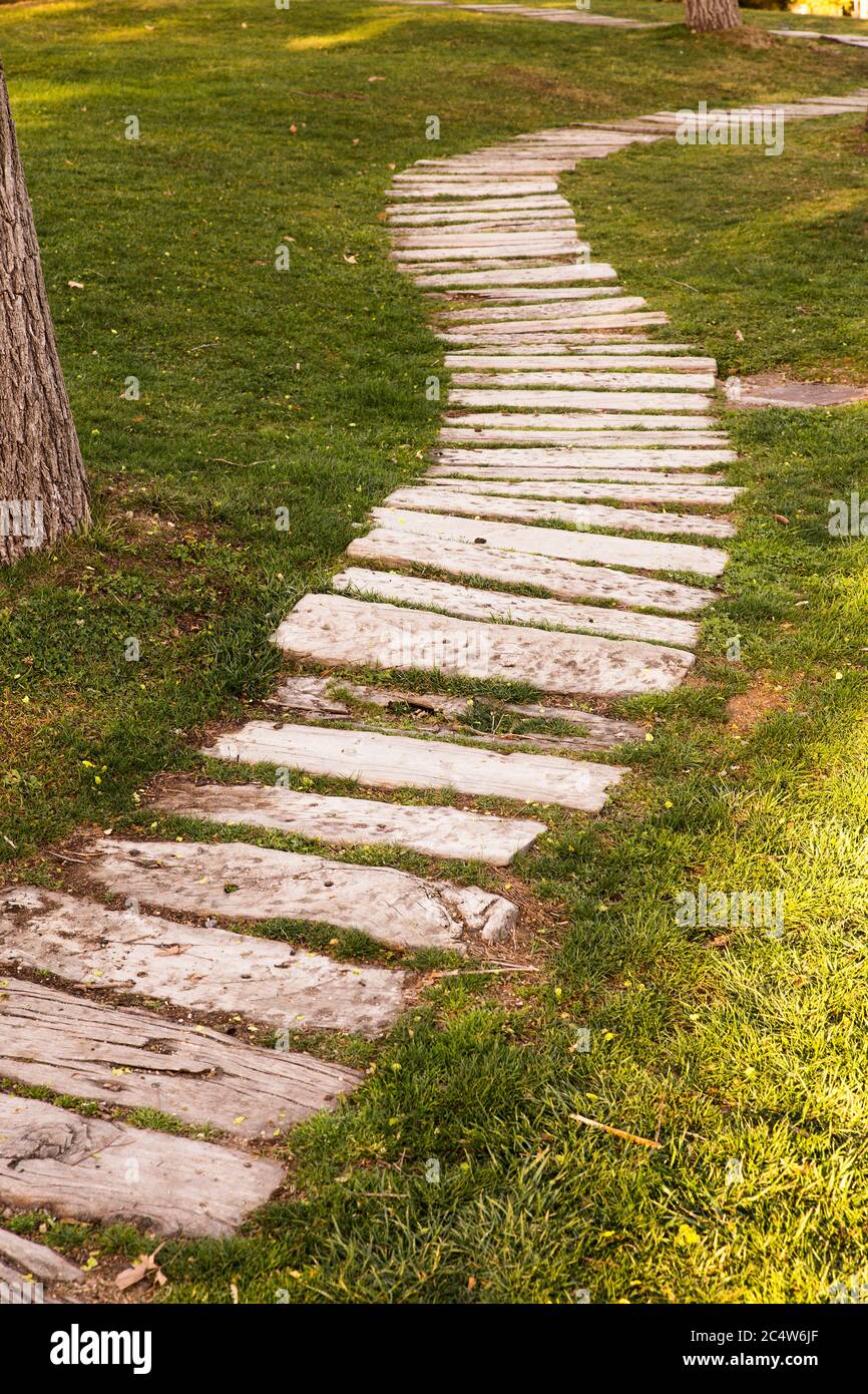 wooden pathway over the meadow to avoid stepping on the grass Stock Photo