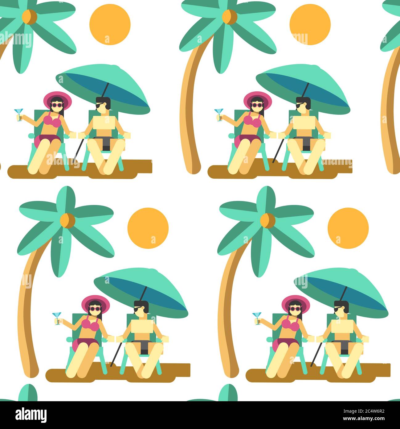 Couple relaxing by seaside on summer vacation seamless pattern Stock Vector