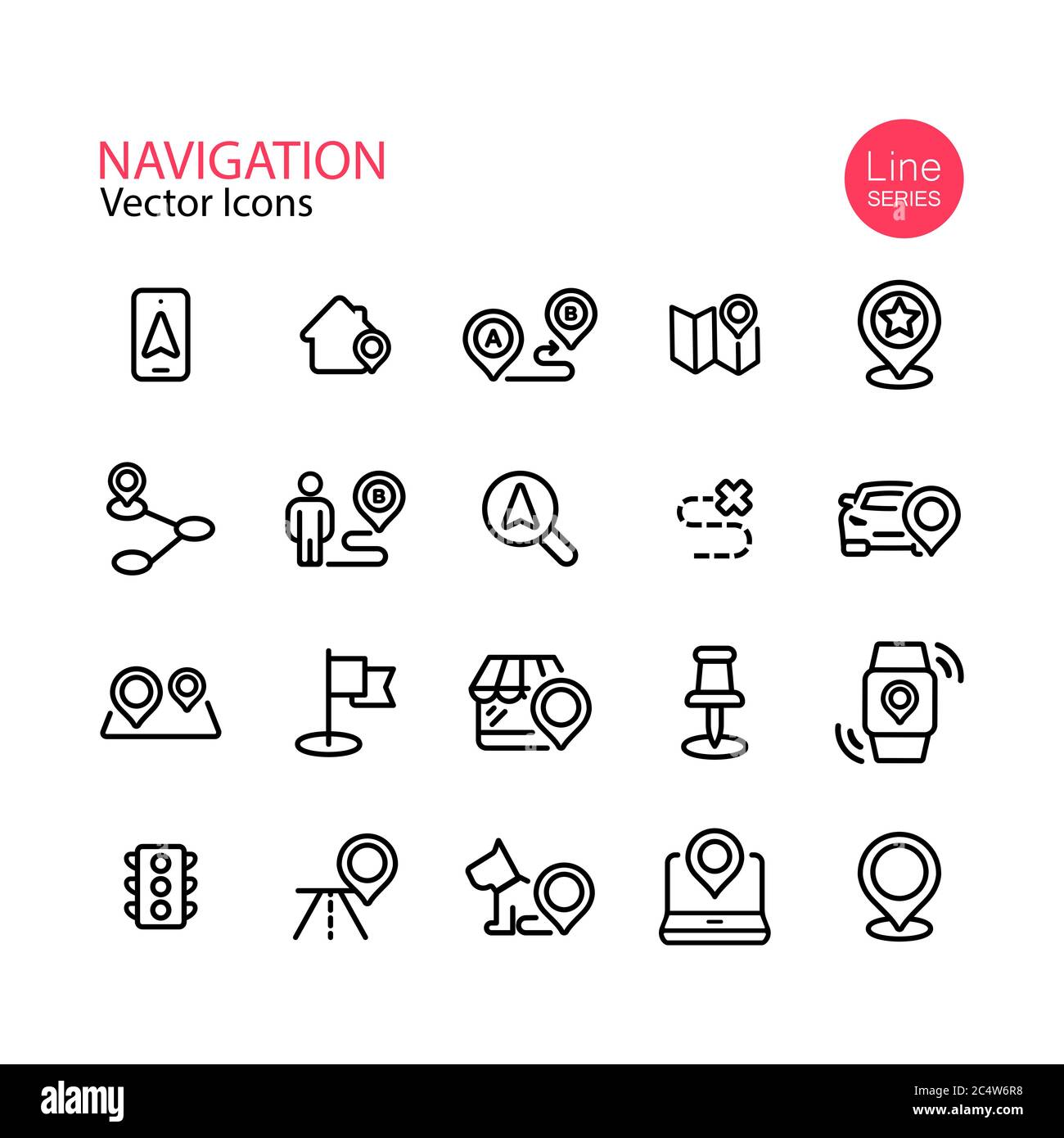 Map location and navigation line icon set. Pin, destination, GPS, mobile phone, flat, distance marker, traffic light. Vector on isolated white Stock Vector