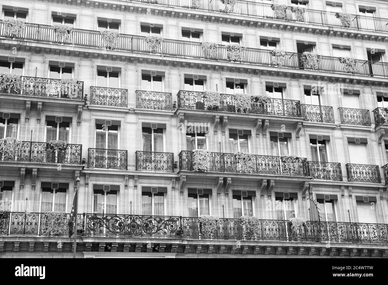 Facade building with windows and balconies. Architecture and design concept. European architecture. Plants on balcony. Luxury architectural building. Travelling and vacation. Architecture concept. Stock Photo