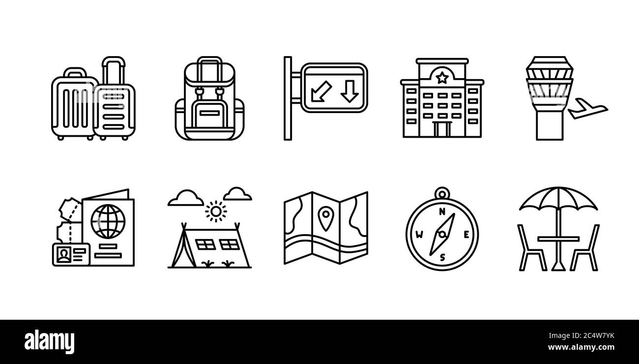 Travel icon set suitcase backpack traffic sign compass hotel navigation plane passport camping cafe with outline style flat design vector illustration Stock Photo