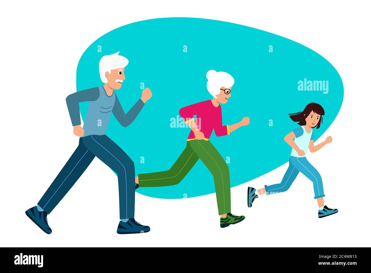 Family sports. Grandparents with a child running, the concept of a healthy lifestyle and longevity. Vector illustration in modern flat style. Stock Vector