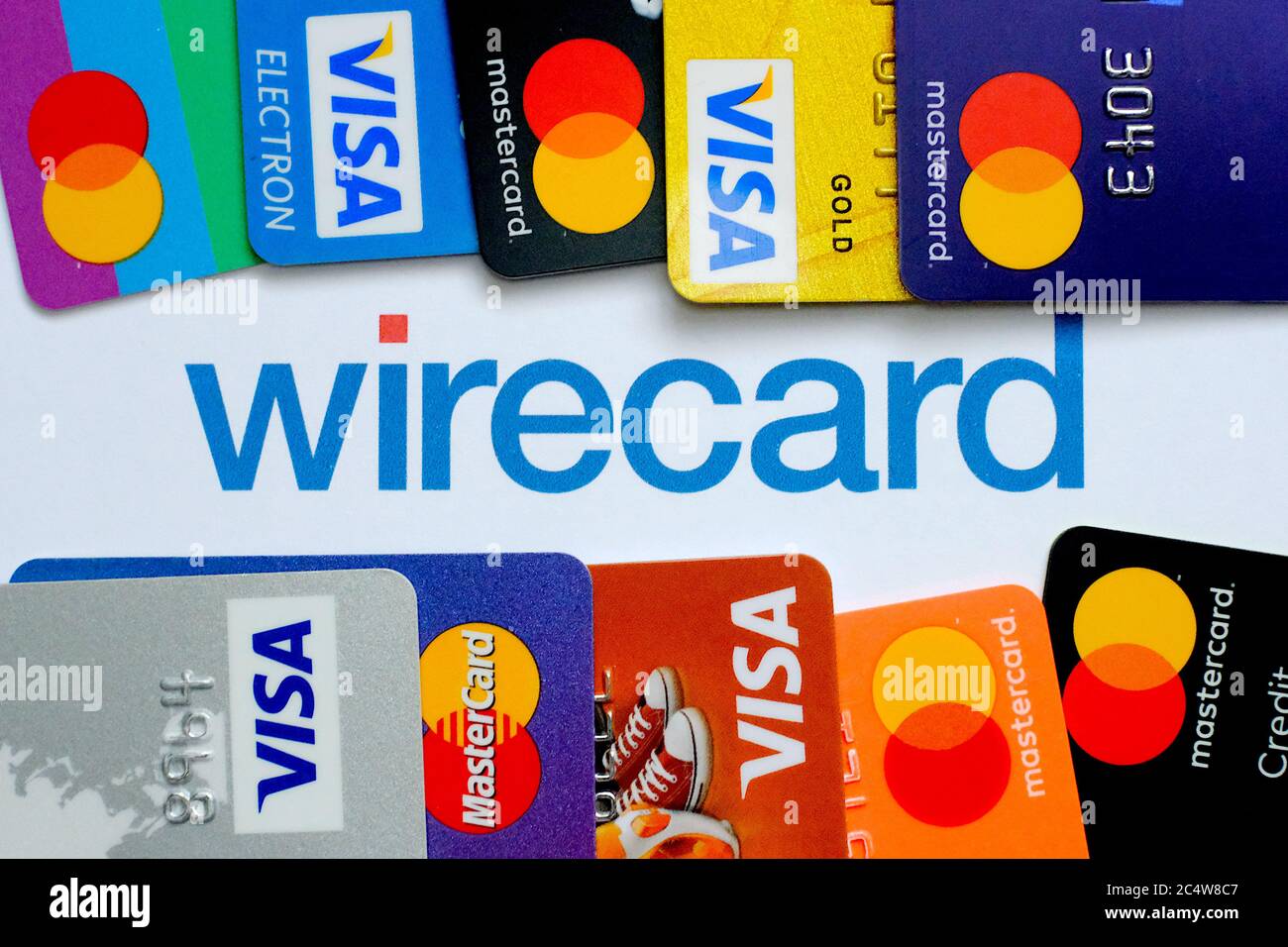 Wirecard logo on paper and VISA and MASTERCARD credit cards around it.  Concept Stock Photo - Alamy