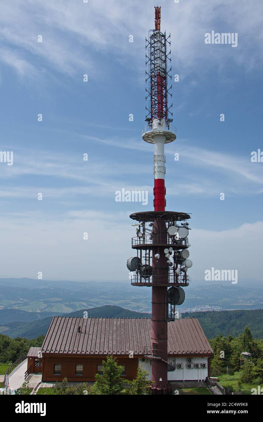 Telecommunication tower on the summit of Radhost in Beskydy in Czech republic,Europe Stock Photo