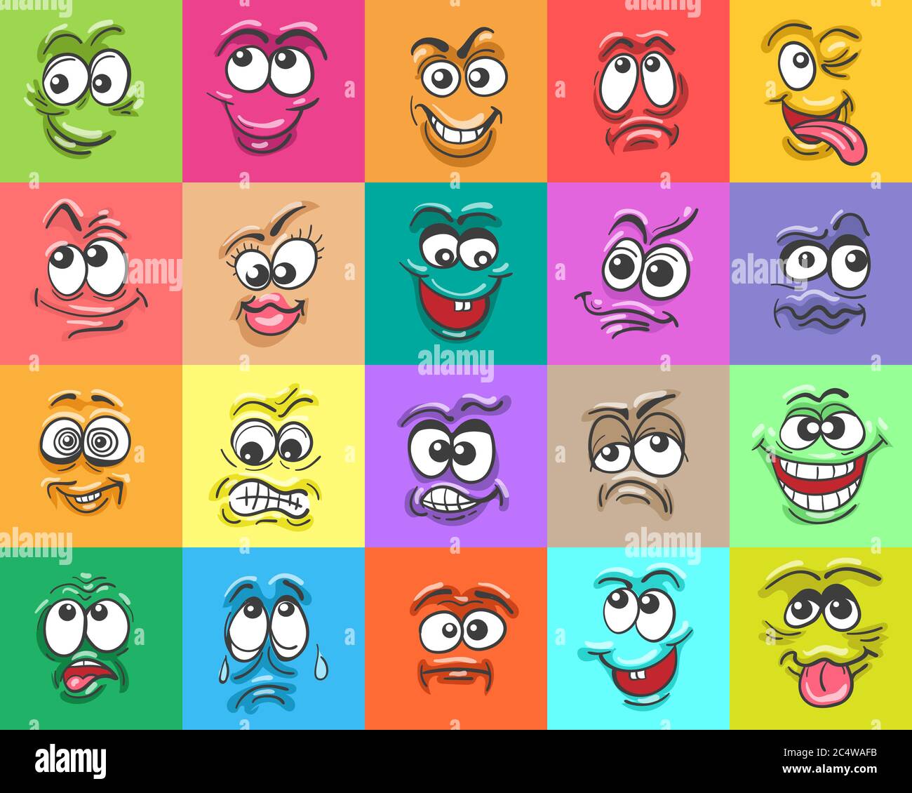 Cartoon face expressions. Happy surprised faces, doodle characters mouth and eyes. Face doodle set. Vector illustration Stock Vector