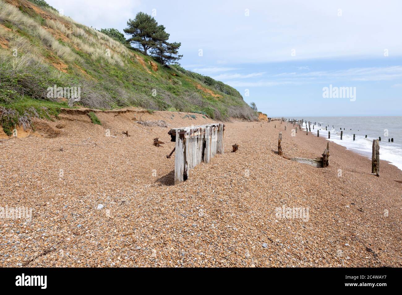 Remnants of old coastal defences and groynes most 1940s anti-invasion military structures, Bawdsey, Suffolk, England, UK Stock Photo