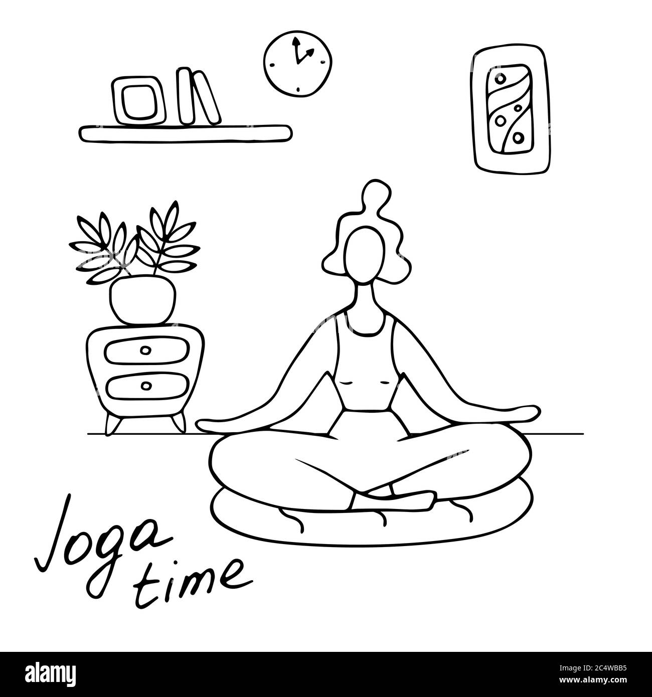 Woman meditating at home. Woman in yoga pose, lotus position. Fitness at  home, home workout. Vector doodle illustration Stock Vector Image & Art -  Alamy