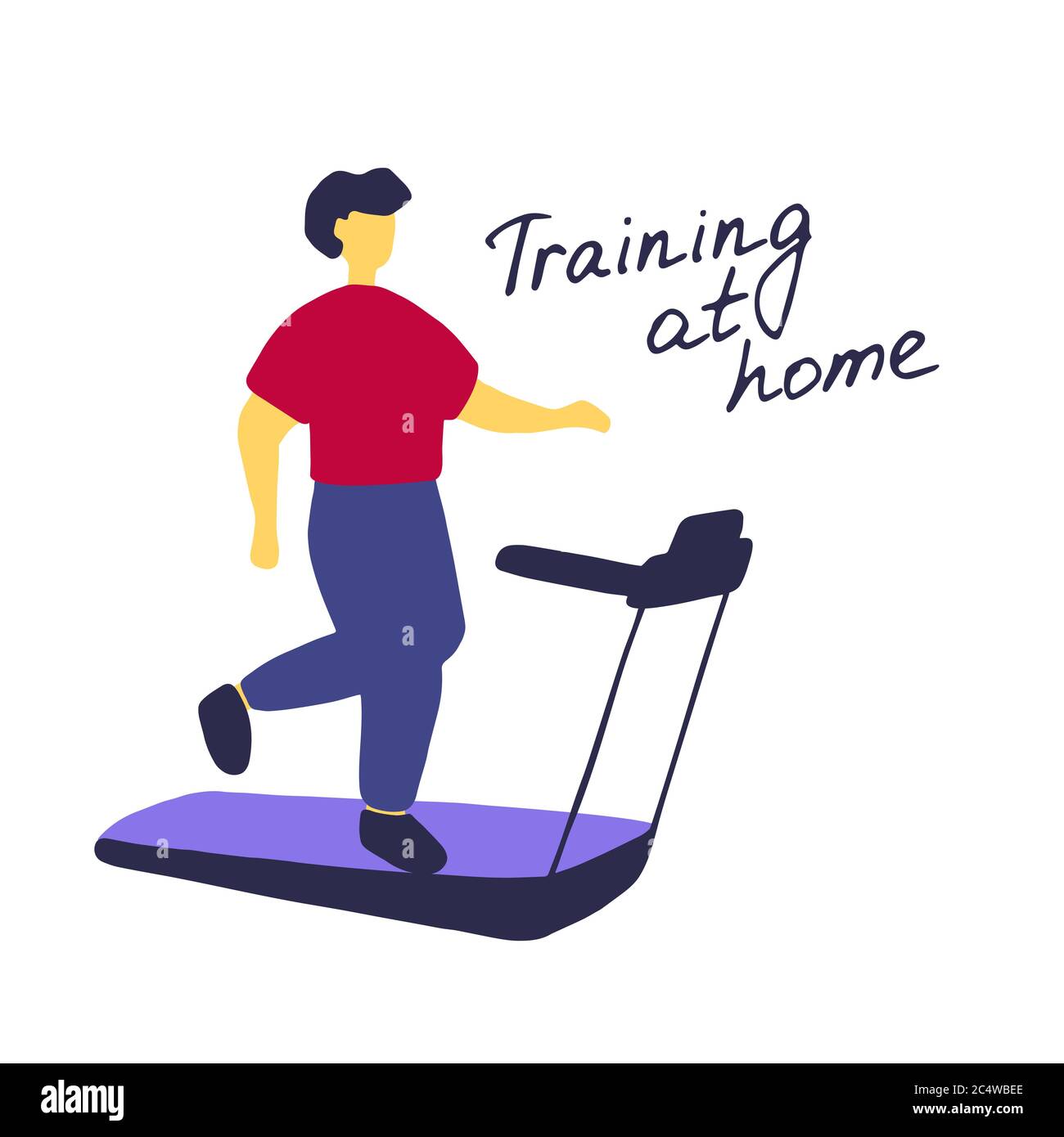 Young man running on treadmill. Sport training at home. Flat vector graphic Stock Vector