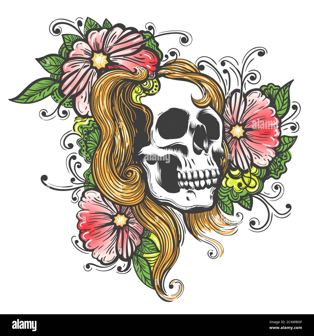 Skull and flowers hand drawn illustration. Tattoo vintage print. Vector Illustration. Stock Vector