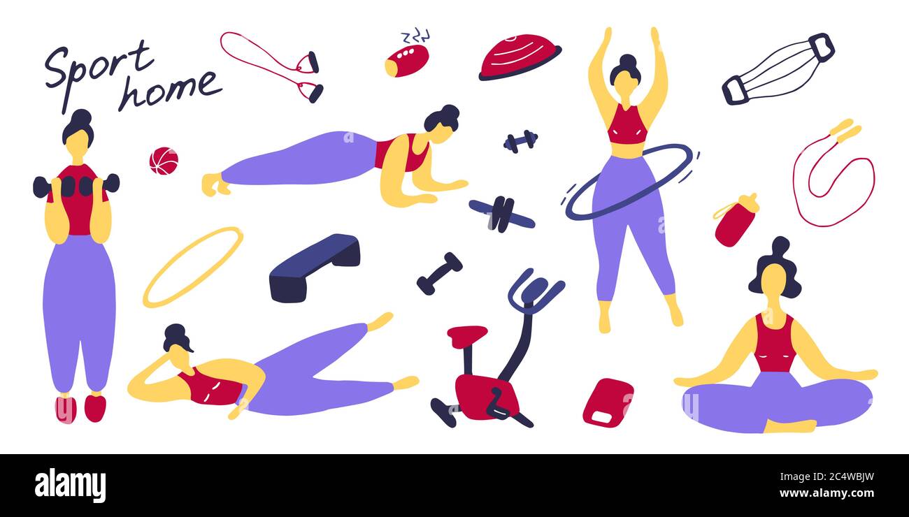 Sport set. Icons of sports equipment and training people. Workout at home, sport exercises at home. Flat vector graphic Stock Vector