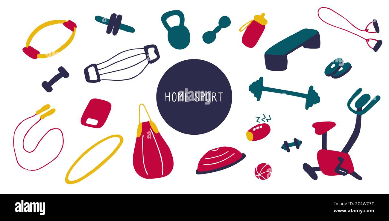 Simple icons of sports goods and accessories. Fitness at home, home