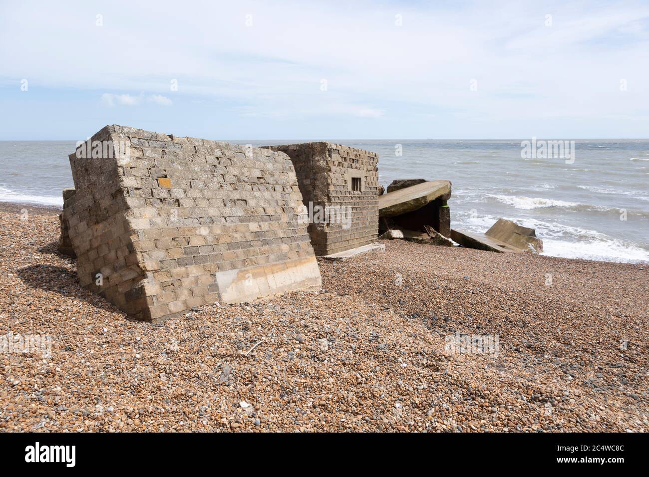 Wartime coastal defences 1940s anti-invasion military structures, Bawdsey, Suffolk, England, UK originally located on cliff top Stock Photo