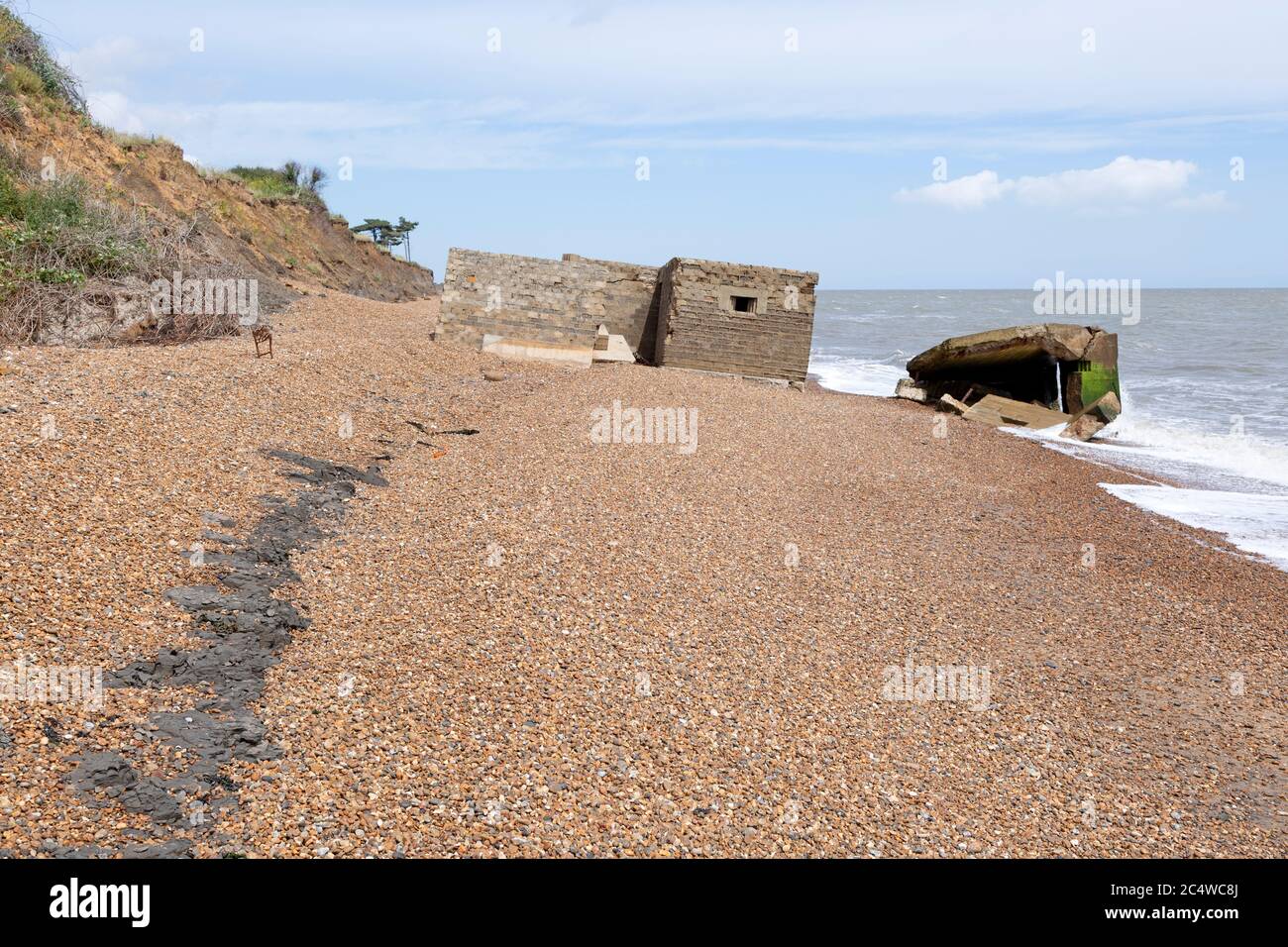Wartime coastal defences 1940s anti-invasion military structures, Bawdsey, Suffolk, England, UK originally located on cliff top Stock Photo