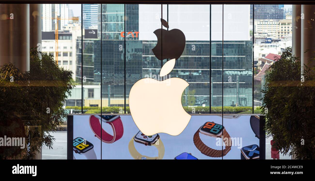BANGKOK, THAILAND - JUNE, 2020 :  Closeup Apple logo In front of Apple store in ICONSIAM department store on June 14, 2020 at bangkok, Thailand. Icons Stock Photo
