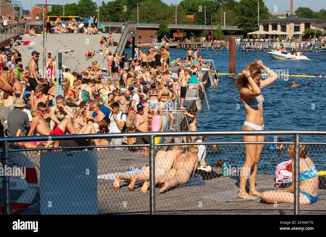 A lot of people sunbathing and bathing in water by the sea in public area  of a urban harbor. Crowded beach in sunshine. Copenhagen, Denmark - June 27  Stock Photo - Alamy