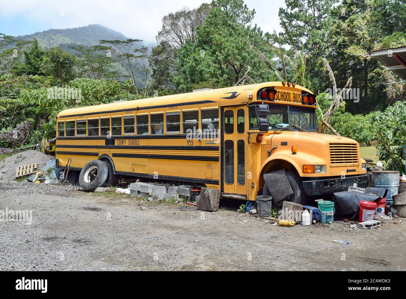 BOQUETE, CHIRIQUI, PANAMA - MARCH 10, 2018: Broken yellow school bus among  the trees in Boquete Stock Photo - Alamy