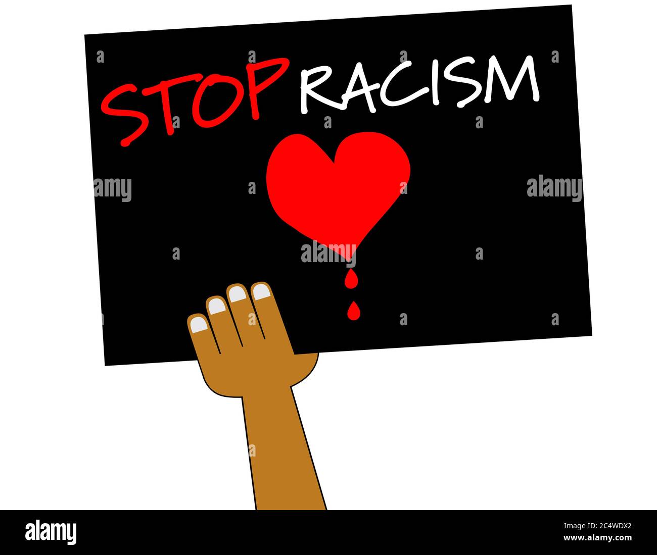 Hand holding sign board saying Stop Racism and drops of blood from a red heart on black background. Protest to stop violence to black people. Fight fo Stock Photo