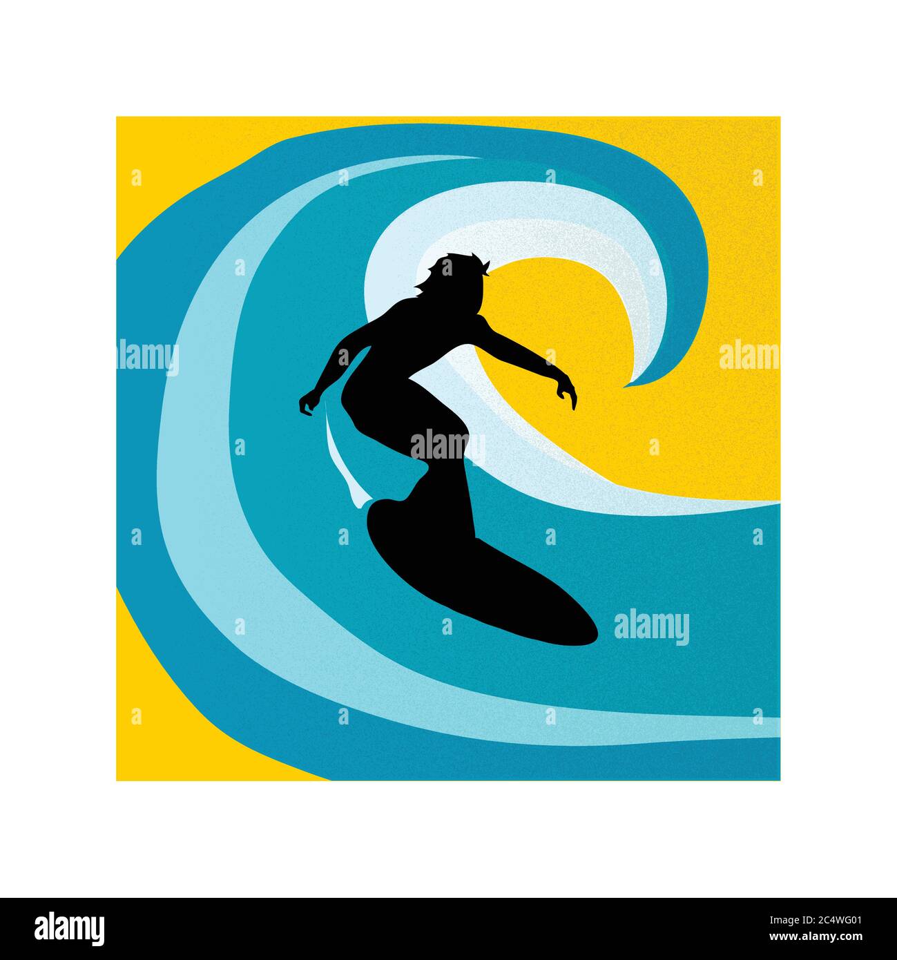 Hand Drawn Surfer Black Silhouette Surfing Over An Abstract Blue